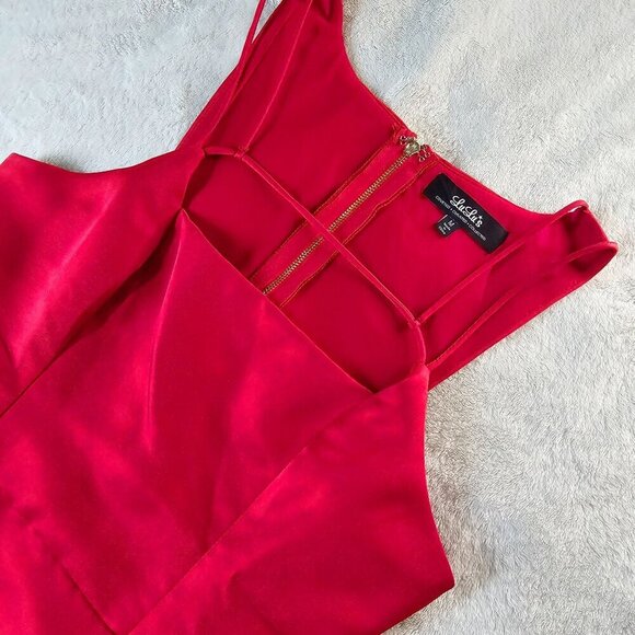 Lulus ✦ Red Silky Party Dress ✦ Square Neck Gold Zip Box Pleats Sz M NWOT - Picture 7 of 16